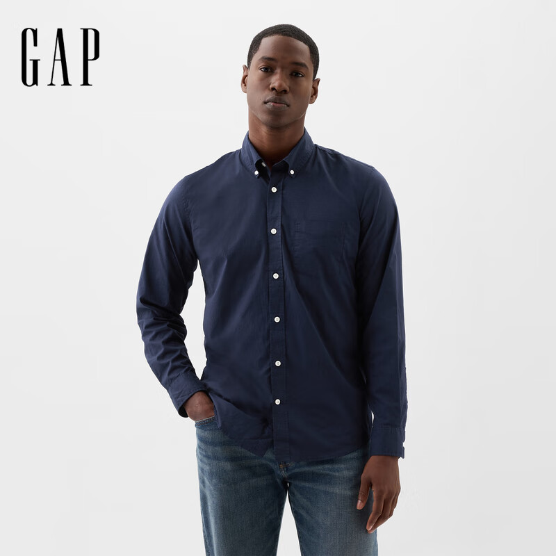 GAP春款纯色翻领休闲长袖衬衫 男女同款750552 海军蓝 M 美码 L亚洲码180/96A