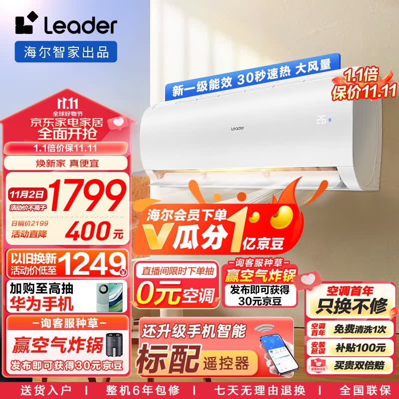 统帅空调（Leader）海尔智家 1.5匹挂机新一级变频 自清洁壁挂式空调KFR-35GW/02XCA81TU1以旧换新怎么看?