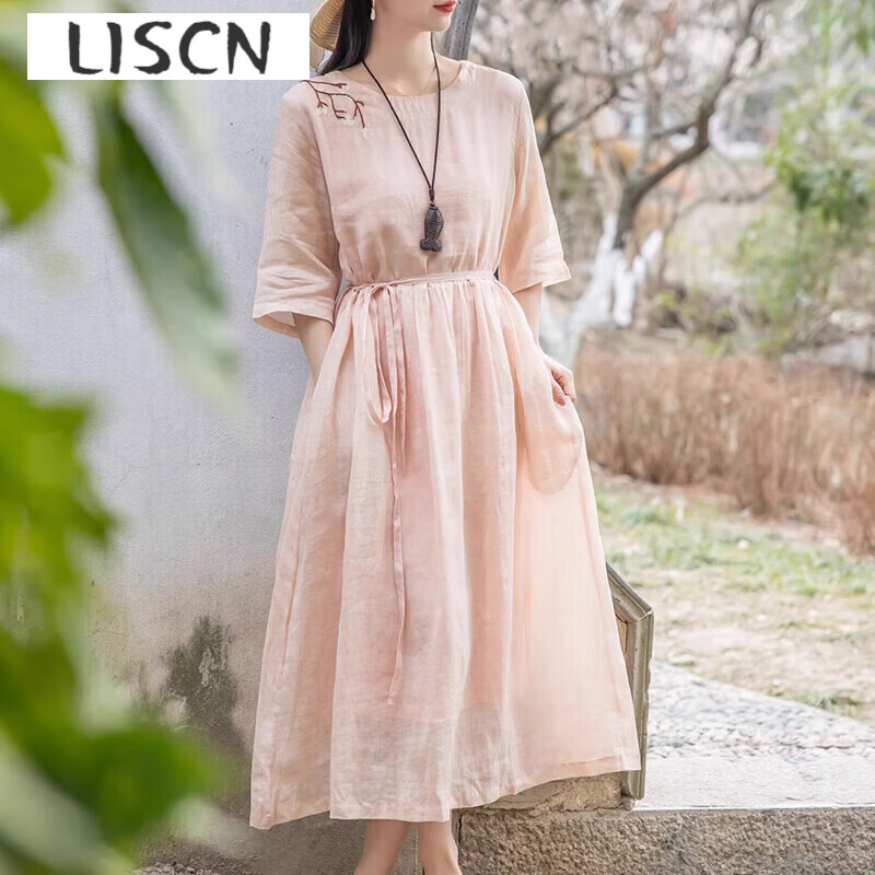 LISCN苧麻連衣裙女2024夏季新款文藝復(fù)古中袖寬松氣質(zhì)重工刺繡棉麻長裙 粉色 M 建議110斤以內(nèi)