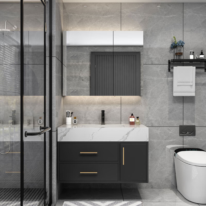 批发实木浴室柜组合卫生间洗漱台岩板大理石台面延长切角柱子 主柜60