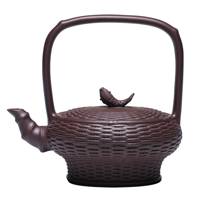 禧厢苑宜兴原矿紫泥紫砂壶 竹编鱼篓提梁茶壶 紫泥