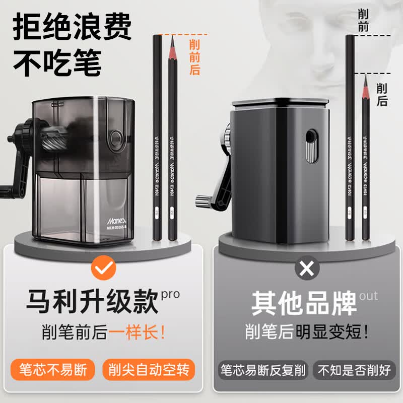 马利(Marie's)素描速写削笔器 手摇美术生专用炭笔铅笔刀专业碳笔全自动进铅专业手动卷笔刀转笔削 速写削笔的【透明黑】