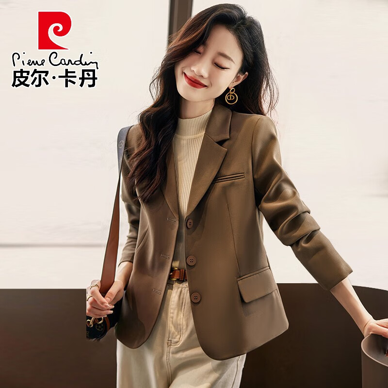 春季新款女装修身休闲小个子短款流行百搭西服上衣 三粒扣-咖啡色西装