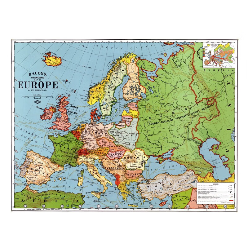 欧洲地图英文版地图装饰画客厅卧室办公室墙画壁画布艺防水画芯 1923
