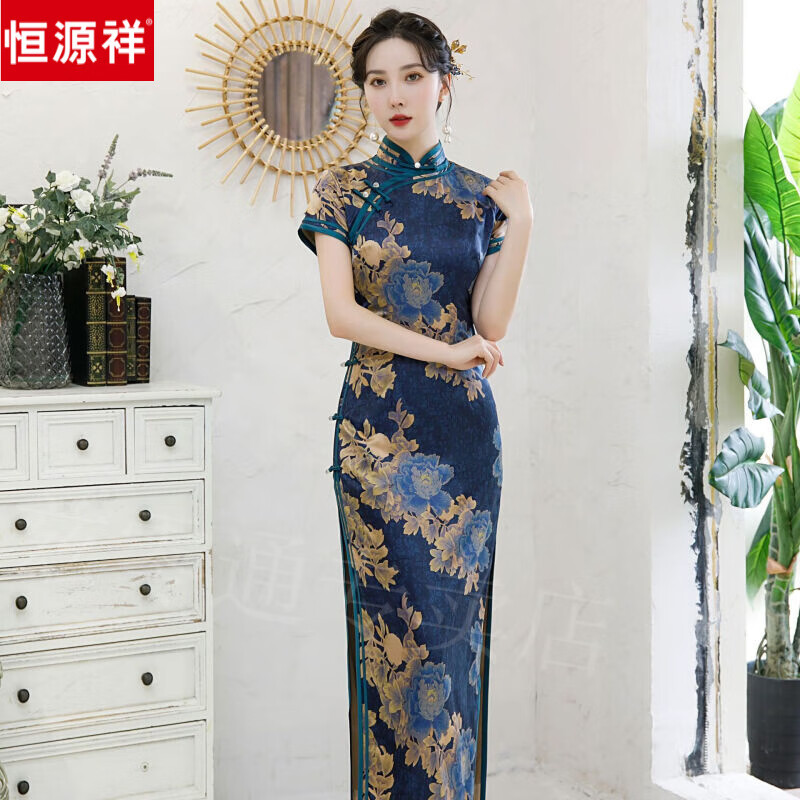 恒源祥品牌 旗袍连衣裙女夏季新款中年香云纱气质复古旗袍修身长款裙子 8420如图色 XXXXL怎么看?