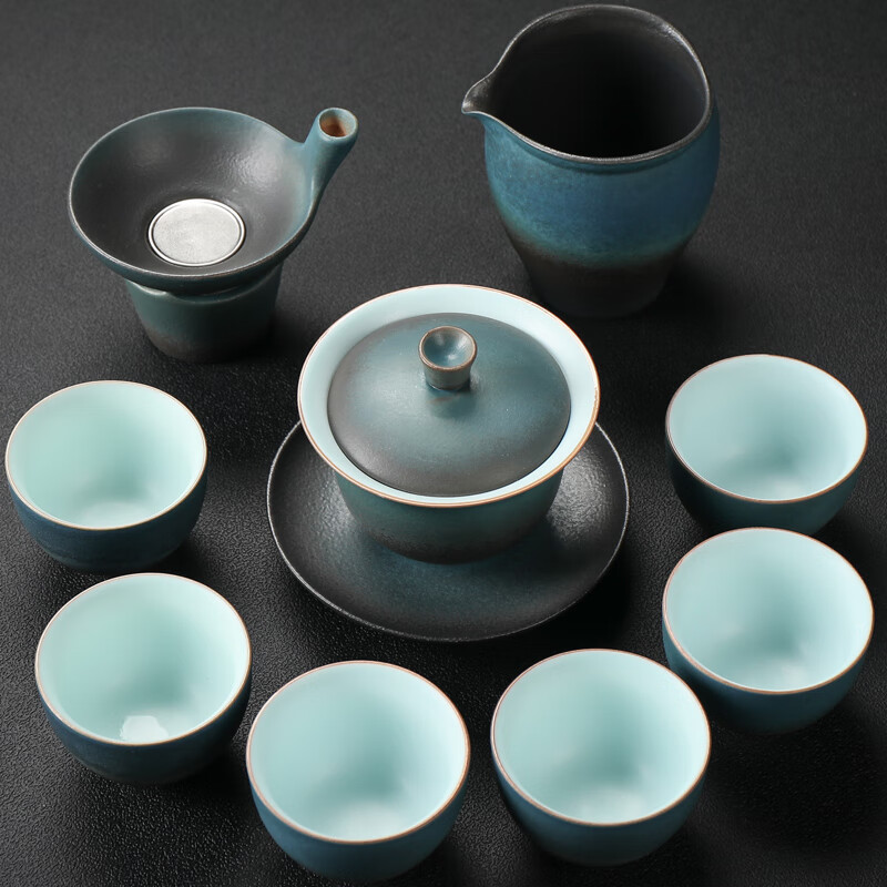 奥尔凡高端品牌日式渐变天蓝粗陶茶具套装家用办公复古整套陶瓷功夫