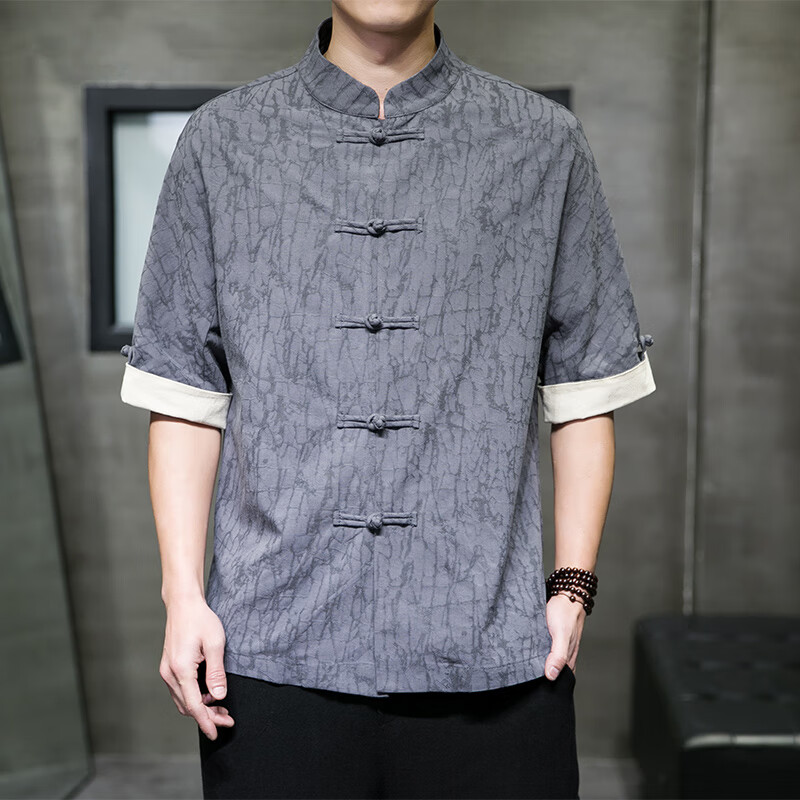 郡纬打坐禅修居士服男佛教夏季中式唐装款中老年亚绵麻短袖衬衫中国风
