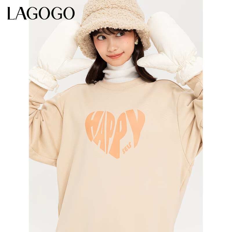 LAGOGO【索罗娜】米色慵懒风爱心卫衣女拉谷谷春秋新款圆领上衣 米色(T2) M 160/38
