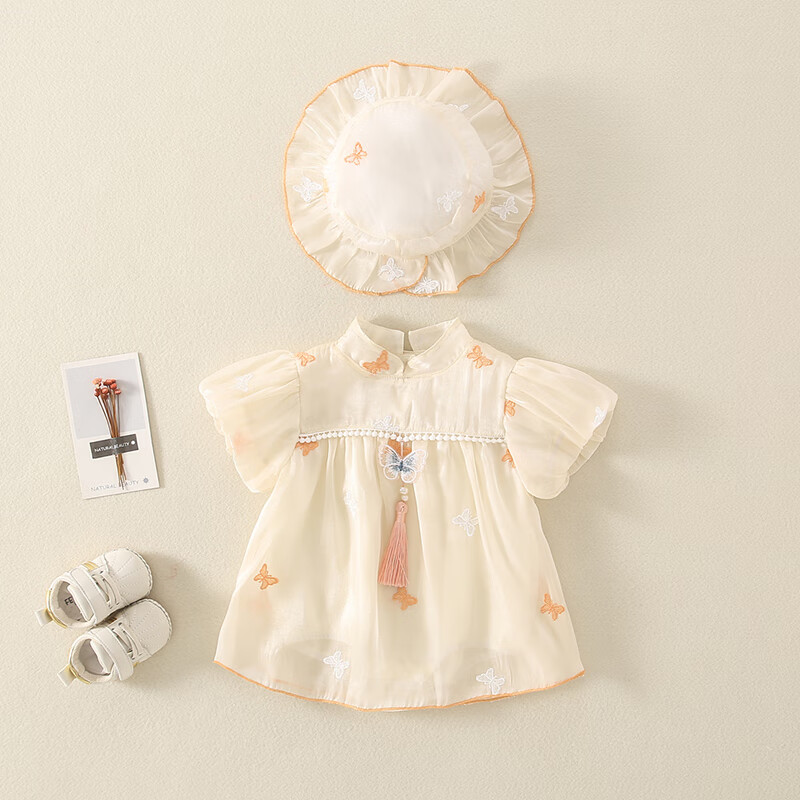 连衣裙夏季薄款6-12个月衣服新生儿女宝宝夏装包屁衣满月百天 米白色