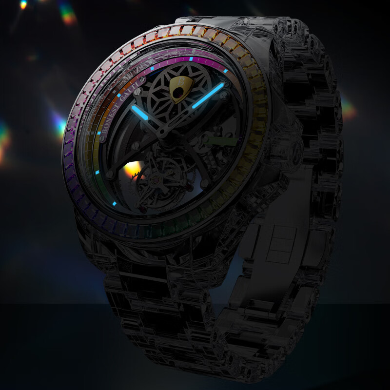 布加迪（BONEST GATTI）德国水晶陀飞轮机械防水夜光运动男士镂空腕表情人节送男友礼物 BG7002-G1银壳白面玻璃带