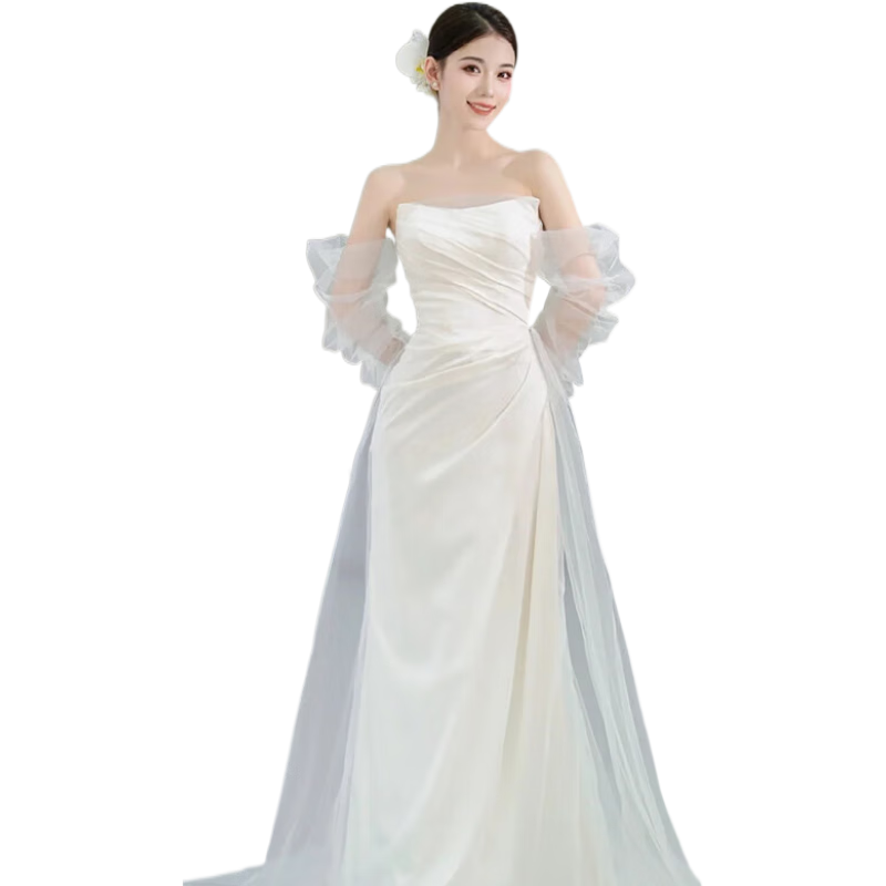 小憨鹿小個(gè)子婚紗新娘主紗2024簡(jiǎn)約風(fēng)森系輕新款簡(jiǎn)約齊地質(zhì)感出門(mén)紗迎賓 齊地帶袖子 M