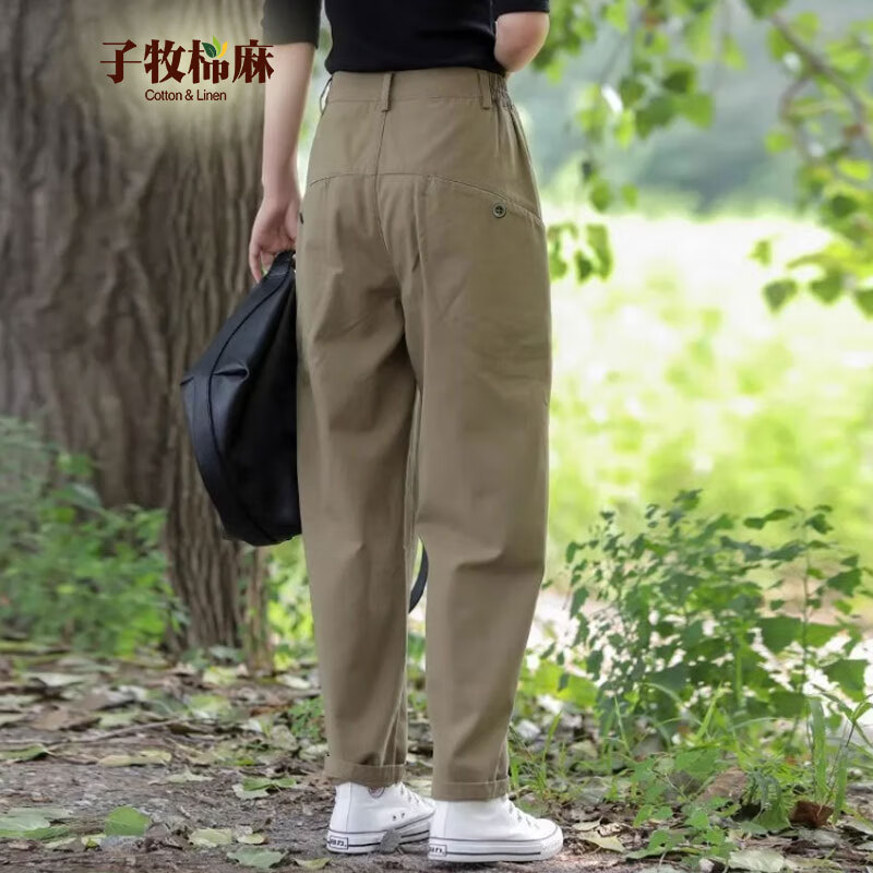 子牧棉麻2024秋装新款 女小脚哈伦裤工装裤萝卜休闲裤九分宽松裤子3277 军绿色 M(建议95-110斤)