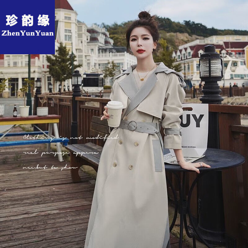 珍韵缘风衣女2023秋季新款斗篷设计简约时尚大气修身浅色带腰带长款