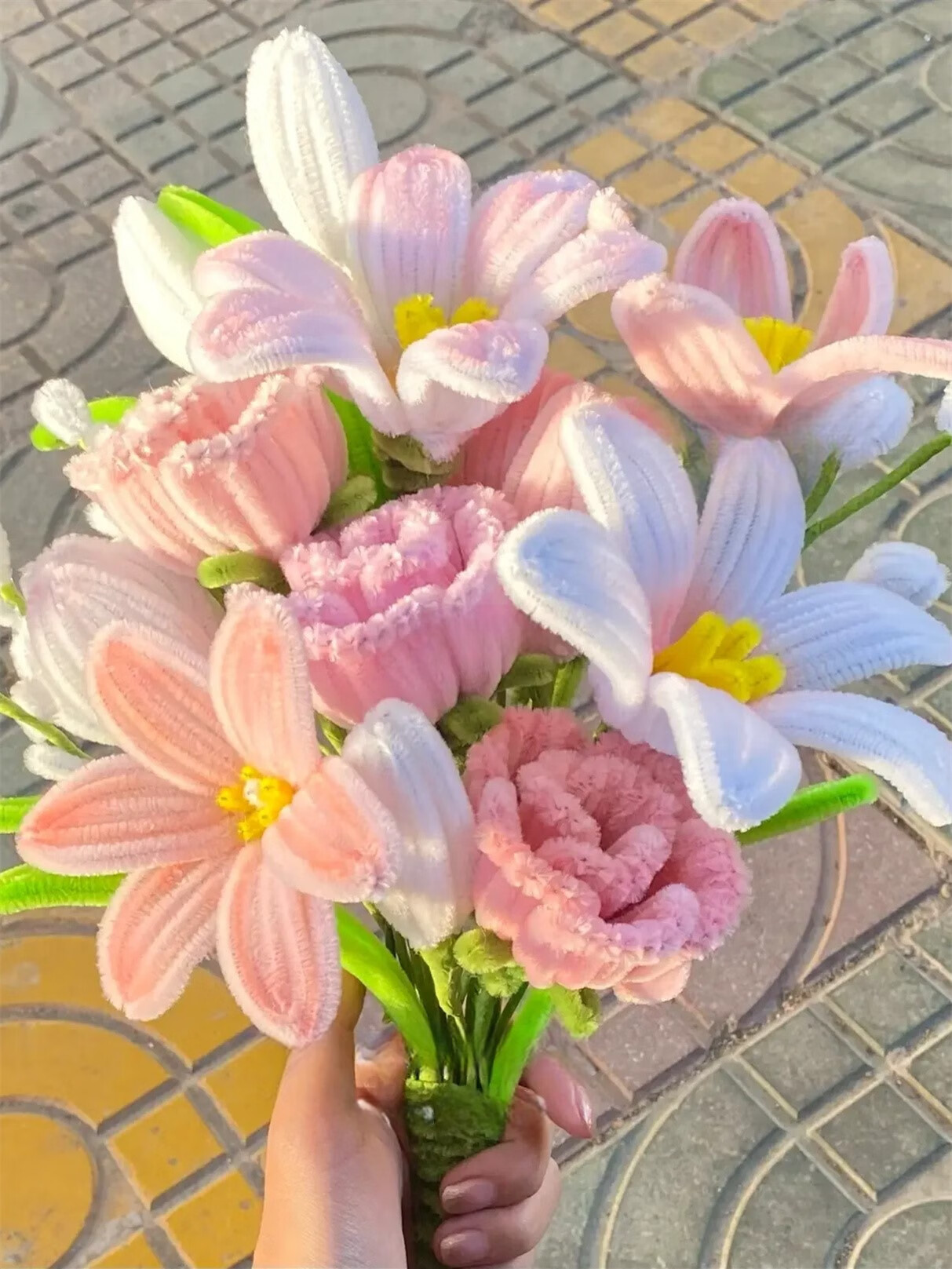 包花束女友编织捧花送母亲节礼物 粉色混搭花束材料包 送教程 材料