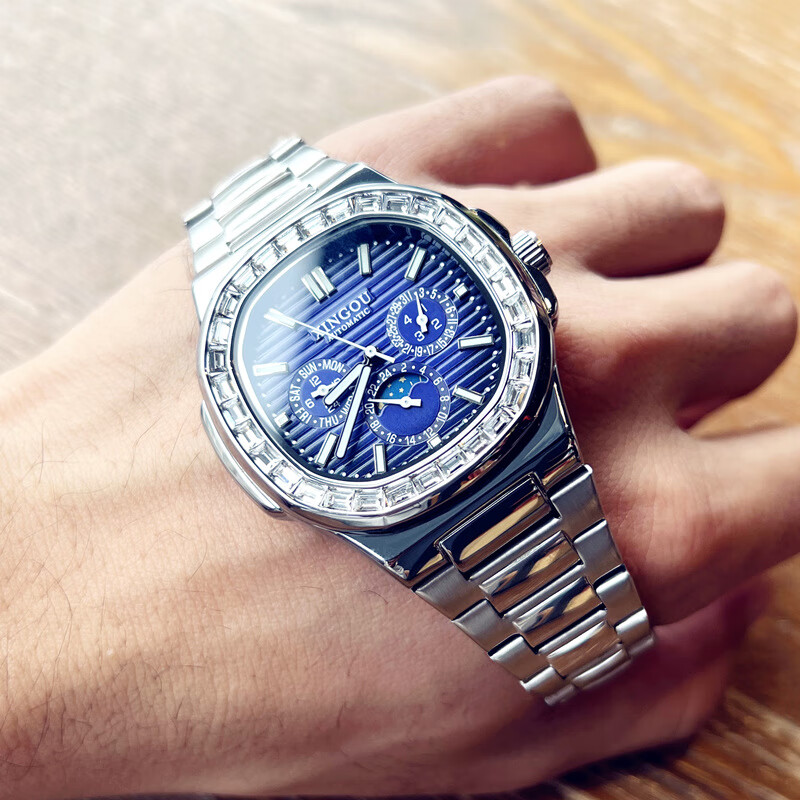 木阔鹦鹉螺多功能全自动机械表防水夜光钢带腕表时尚潮流商务复古礼物 银壳蓝面多功能款