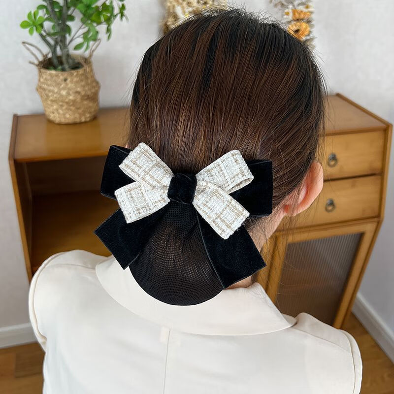 蝴蝶结头花女夏季千鸟格气质盘发头饰职业酒店工作丝绒发夹子 黑色丝绒#细网