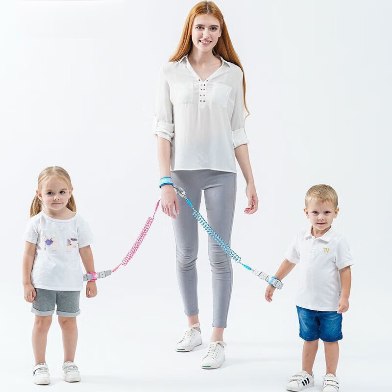 CLCEY双胞胎防走丢牵引绳儿童防走失绳一拖二安全手环学步溜娃牵引绳 粉绿两宝变形手环款 2.5米