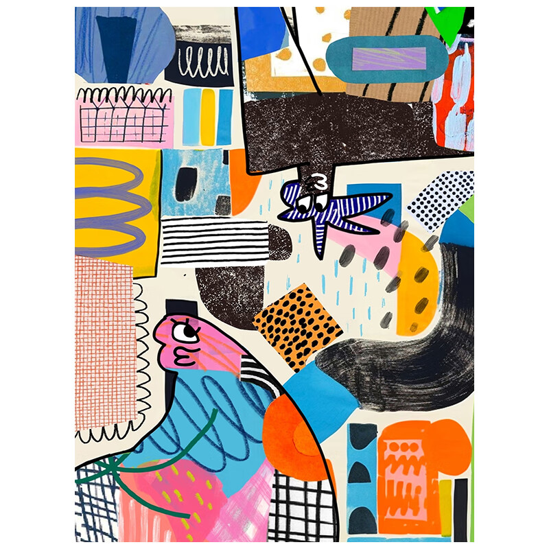 高级感卡通涂鸦客厅装饰画抽象彩色图案手绘油画小众艺术玄关挂画