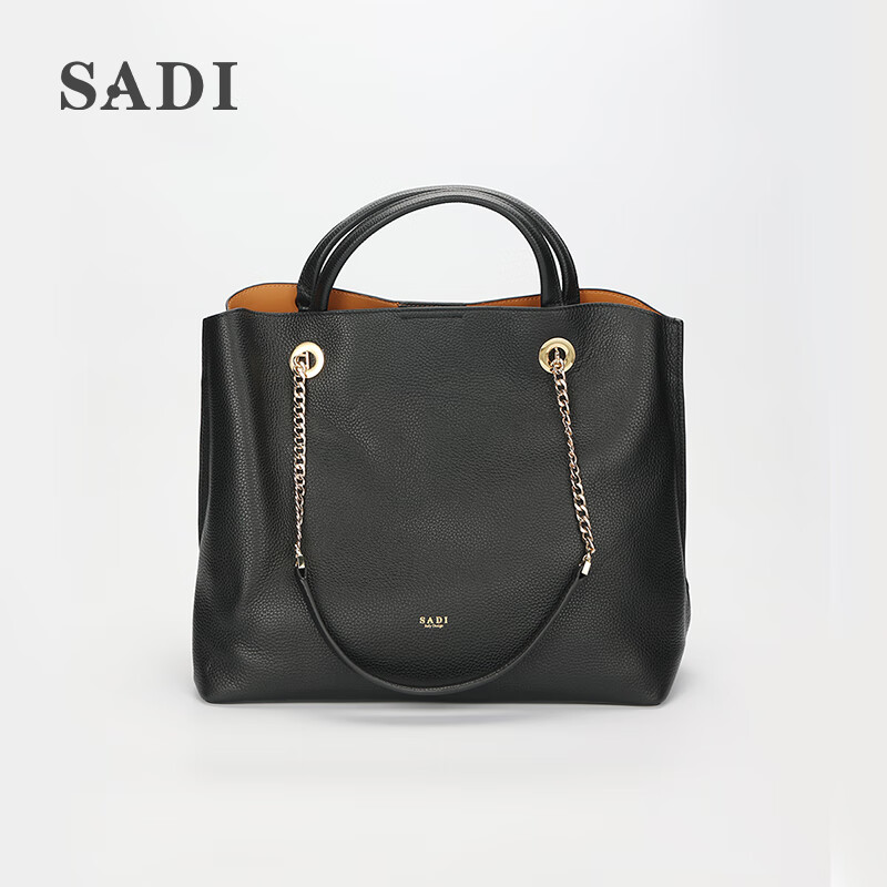 sadi萨迪单肩包女托特包女大容量大学生百搭手提手拎牛皮女包 黑色