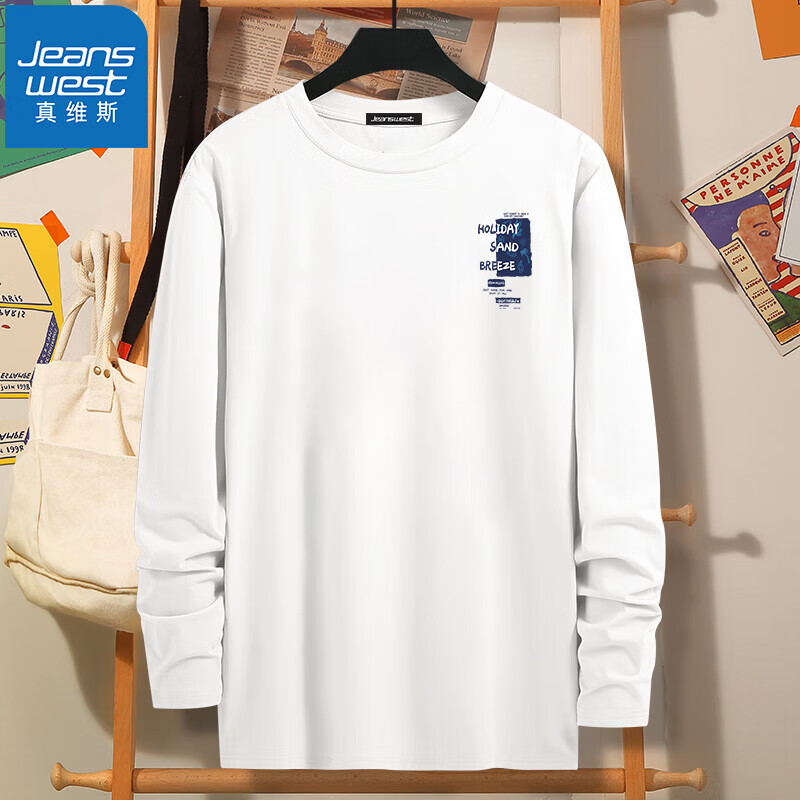 真维斯(JEANSWEST)T恤男长袖2025春秋打底衫百搭纯棉上衣情侣T恤衫青少年加大码汗衫 白色(假日沙滩蓝X) 2XL(推荐体重150斤-170斤左右)