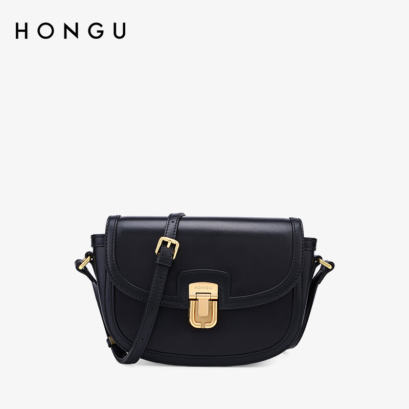 红谷(hongu)女包时尚牛皮单肩斜挎包复古马鞍包斜跨 漆黑