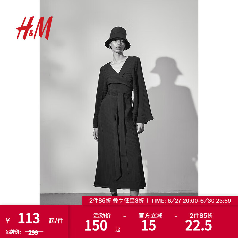 H&M女装连衣裙春季长袖印花法式茶歇裹身裙长裙1188909 黑色 170/104