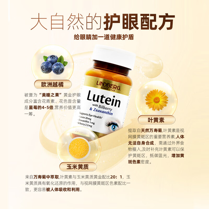 LINDBERG 护眼叶黄素软胶囊护眼片 高含量缓解视疲劳保护眼睛美国原装进口 2瓶装【呵护视力】20mg* 90粒*2瓶