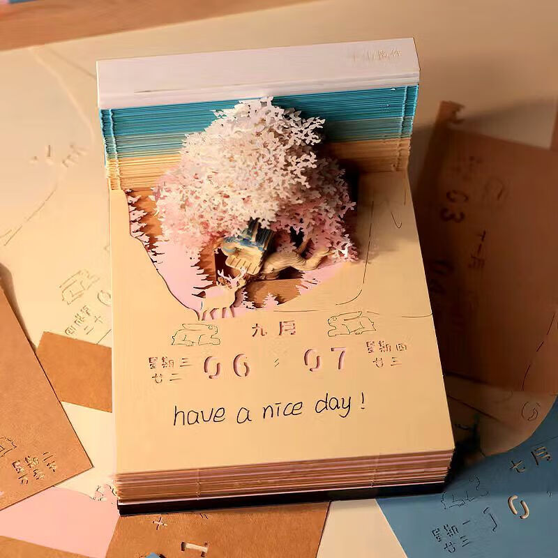 女生朋友闺蜜立体日历纸雕文化创意便签纸七夕情 2024樱花带灯日历