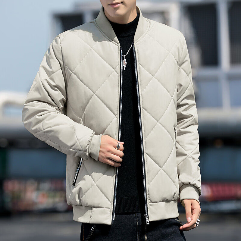 凯逸弗（kainifu）男士棉服棒球领菱形格子加绒外套 卡其 5XL