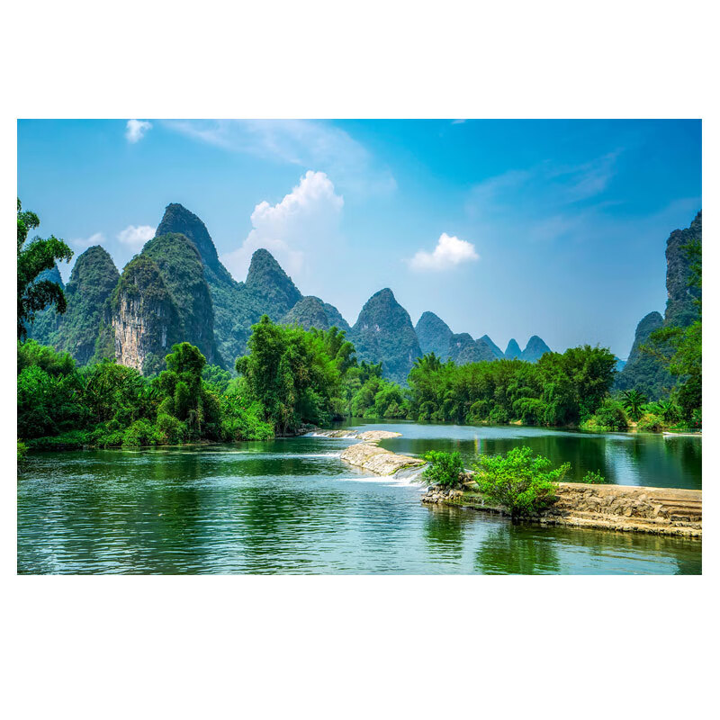 山头林村桂林山水风景画 蓝天白云桂林山水装饰画有树林竹林风景壁画