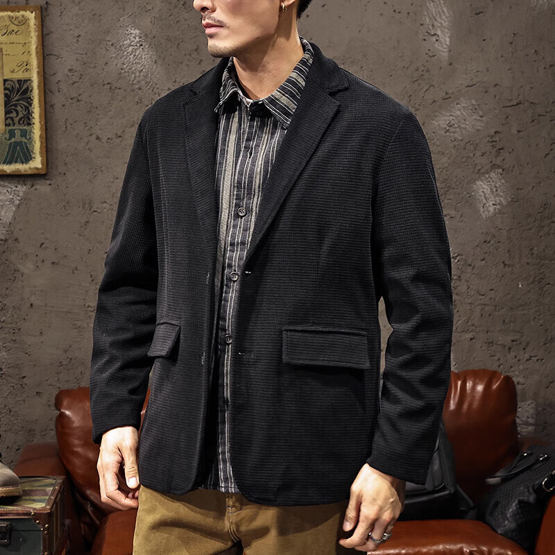 名面美式复古肌理感灯芯绒华夫格休闲西装外套男宽松春秋日常通勤上衣 黑色 M （100-130斤）