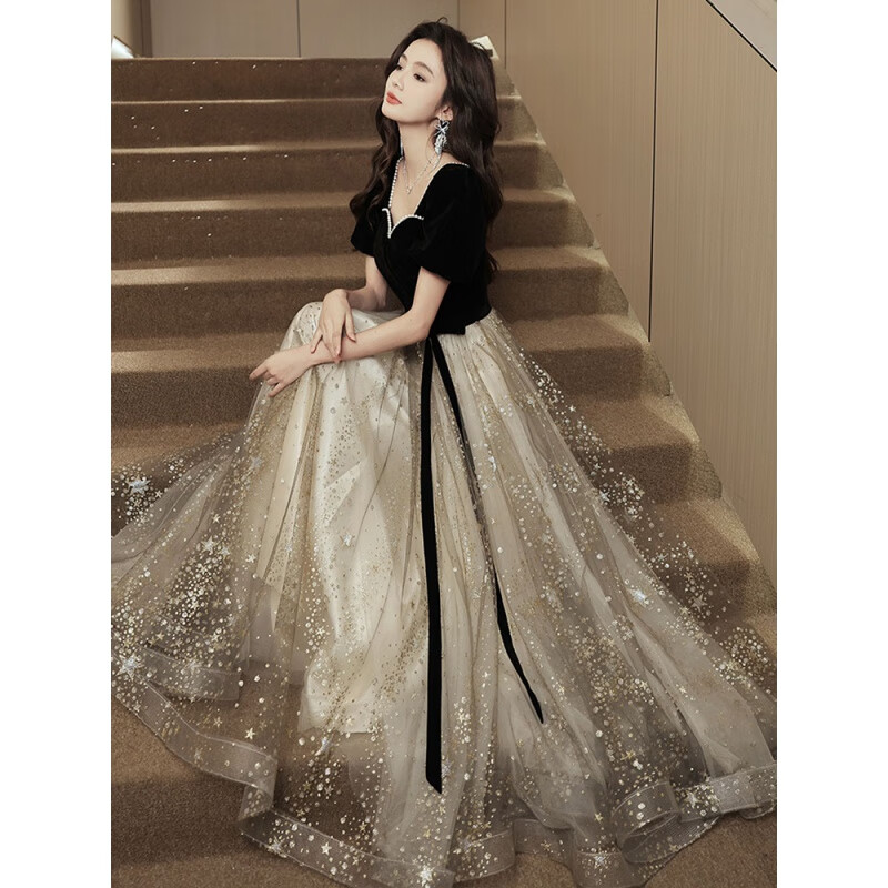 fengedun高中生18岁成人礼女生礼服少女连衣裙艺考主持人晚黑色2024