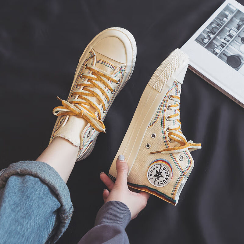 待婉高帮帆布鞋女百搭2024年春季新款款韩版米色板鞋潮鞋 米白色 35