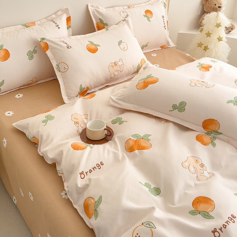 多兰诗（Duolanshi）春夏磨毛四件套 斜纹印花卡通套件被套床单宿舍四季床上四件套 大吉大利 1.8米 床笠款 /被套200*230 四件套