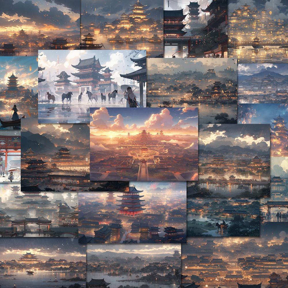 108张中国风国潮古城手账贴纸古韵天城古风风景贴画装饰diy手机壳 54