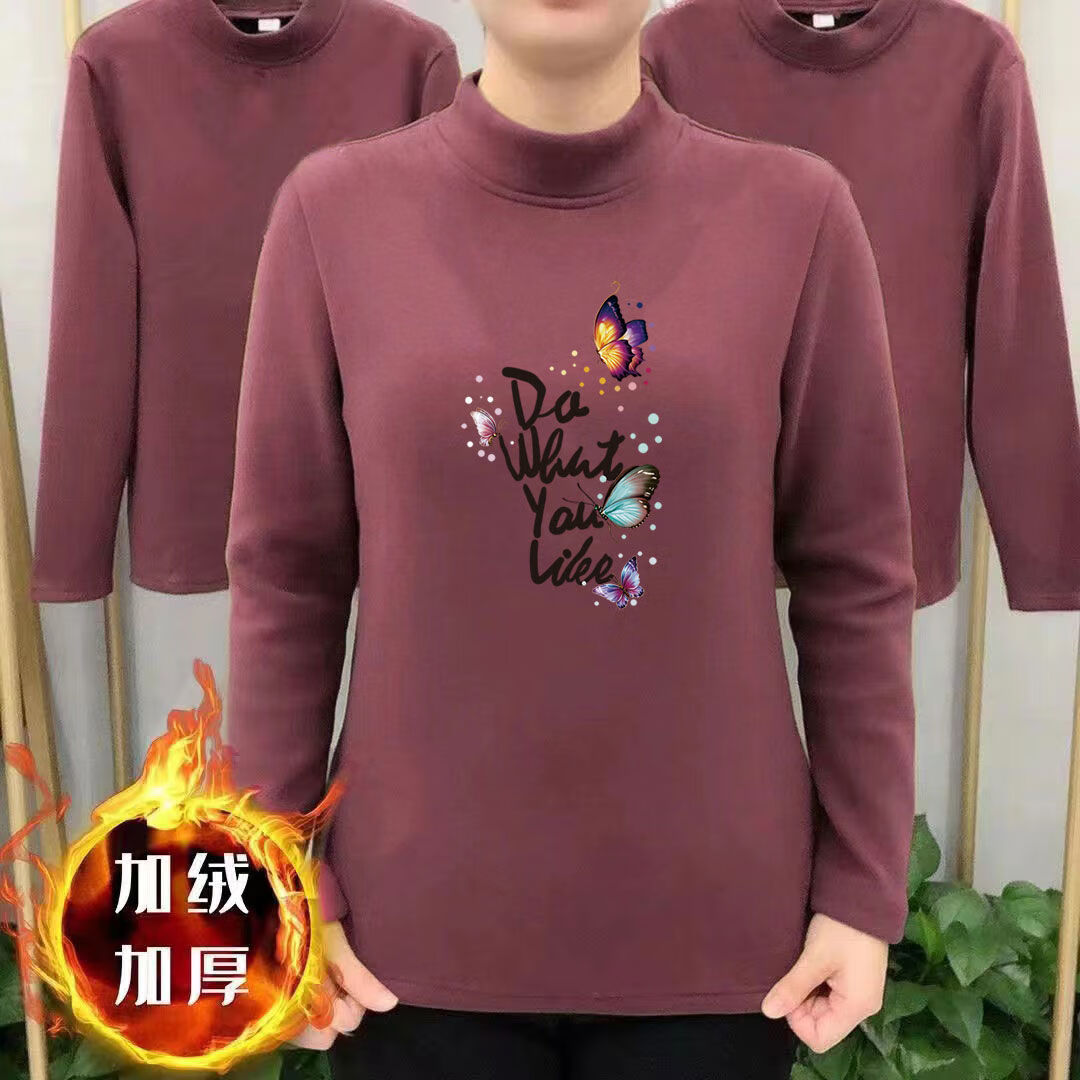 女60-70岁内搭秋衣老年人打底衫双面德绒半高领秋冬新款 紫色英文蝴蝶