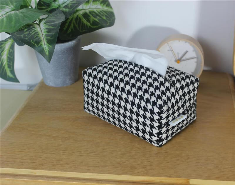 纸巾盒 日式纸巾盒黄麻布艺长方形抽纸盒简约抽纸包 黑色千鸟格抽纸盒