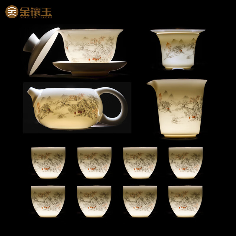 金镶玉功夫茶具整套装陶瓷茶壶茶杯送人礼品盒高档羊脂玉白瓷 – 胜境套装，仅售319元！