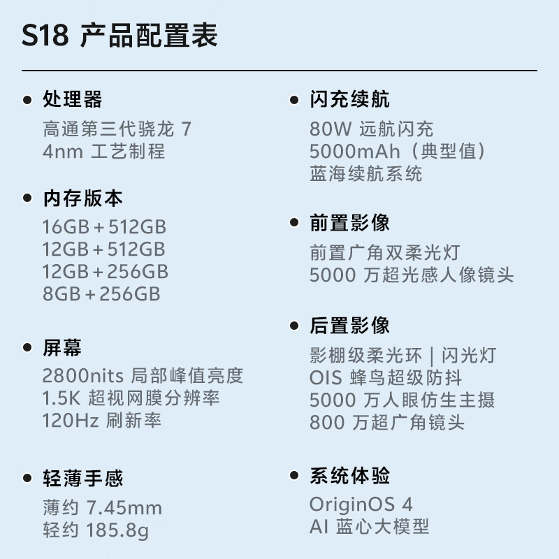 vivo S18 12GB+256GB 花似锦 后置影棚级柔光环 5000mAh超薄蓝海电池 第三代骁龙7 5G 快充 拍照 手机 