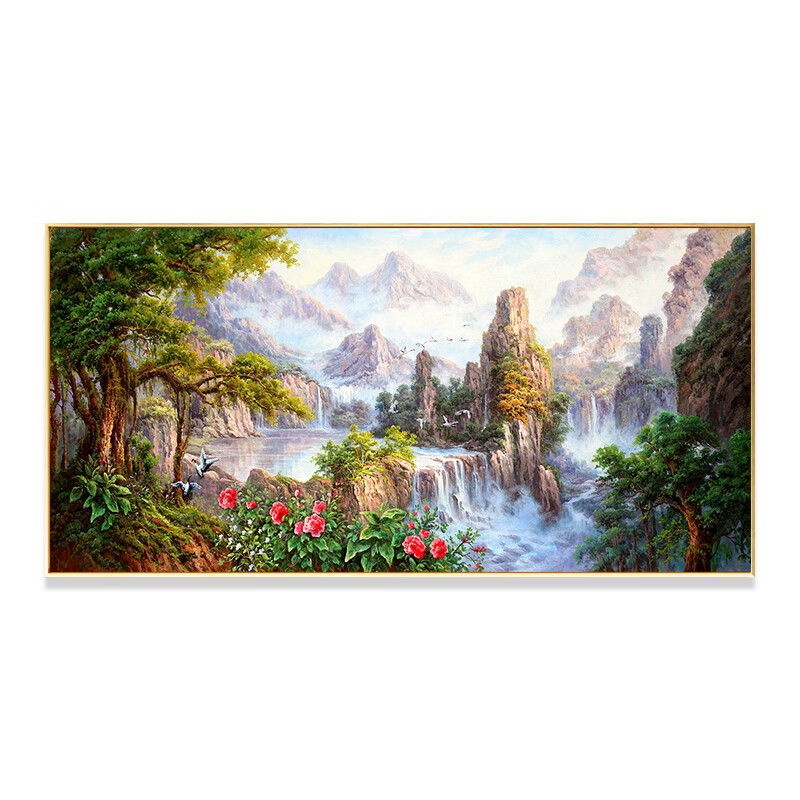 米聆简约山水瀑布手绘风景油画新中式客厅沙发背景装饰画瀑布轻奢挂画