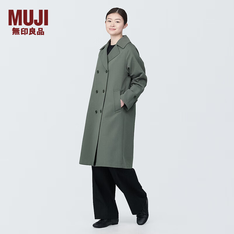 无印良品（MUJI）女式 不易沾水 双排扣大衣 外套女款 风衣 BDE33C4S 烟熏绿色 L 165/88A