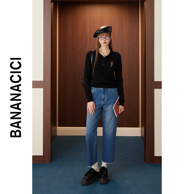 banana cici2024年秋季新款原创BC艺术家卡通刺绣POLO长袖针织衫C243MY094 黑色 L