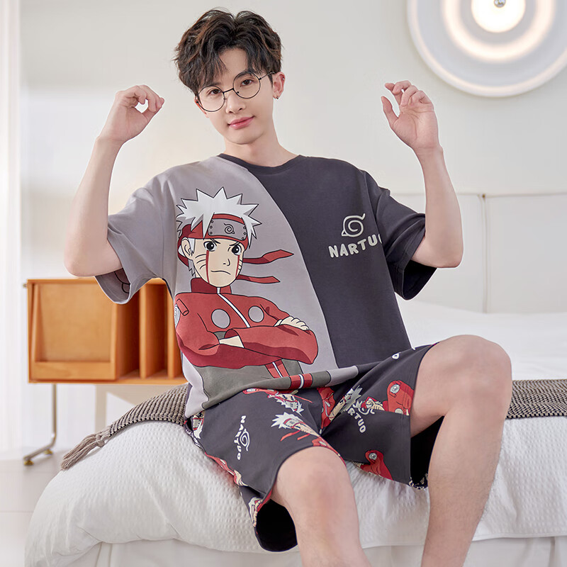 萧淑妃夏季休闲可外穿纯棉短袖短裤睡衣原创卡通青年男士学生家居服套装 鸣人 L