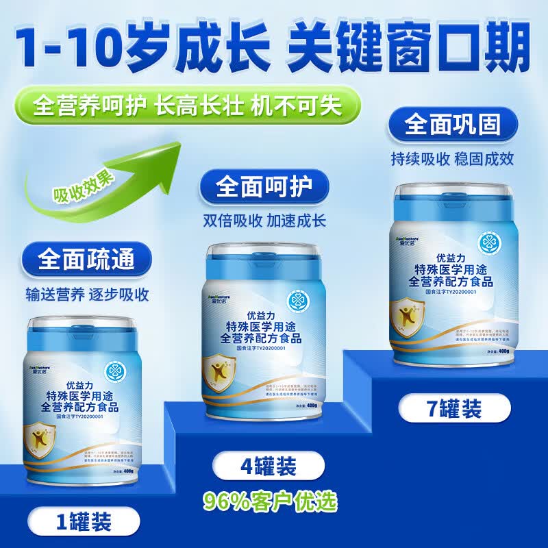 爱优诺优益力特殊医学用途全营养配方粉400克 儿童营养补充 适用于1-10岁进食受限消化障碍代谢紊乱人群 6罐