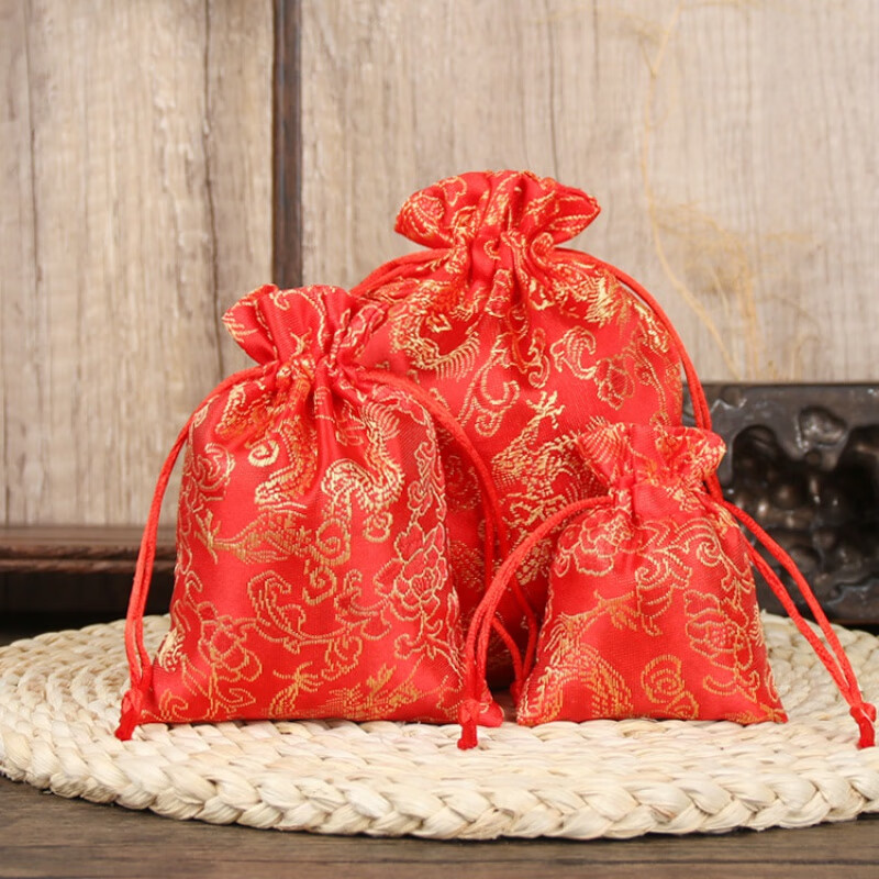 个个熊抽绳束口锦缎刺绣首饰袋龙纹大容量物件收纳袋宴会礼品袋T 红色 7*9厘米