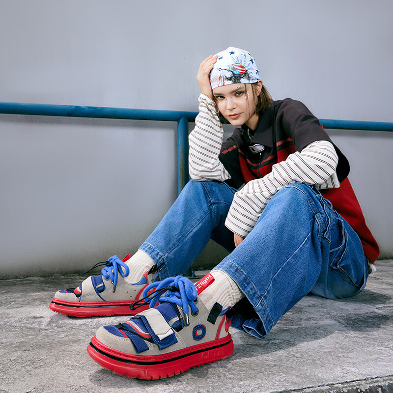 OETZI冰人奥兹 男鞋丑萌机能风板鞋情侣低帮厚底大头休闲潮鞋 米色/红色/蓝色T22340214 43