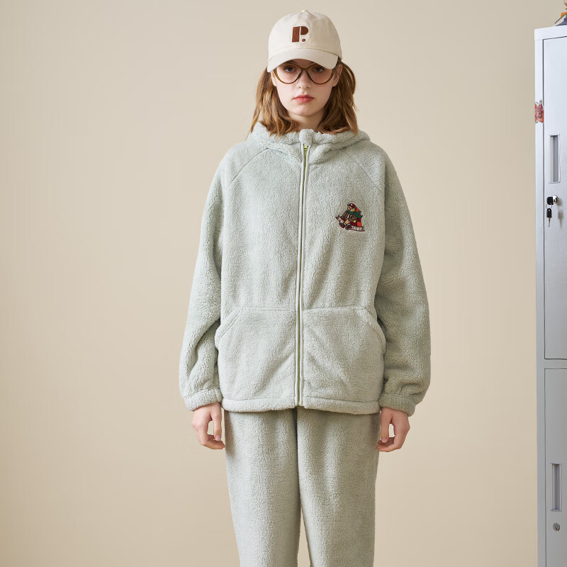 TEENIE WEENIE小熊加厚睡衣女士绒套装加绒加带帽厚家居服 雾霾绿 M 【参考100-120斤】