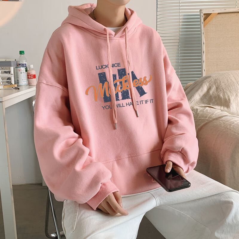 NASALIKE純棉男士連帽衛(wèi)衣新款美式潮牌嘻哈學(xué)生寬松休閑百搭加絨加厚外套 粉色 加絨 XL