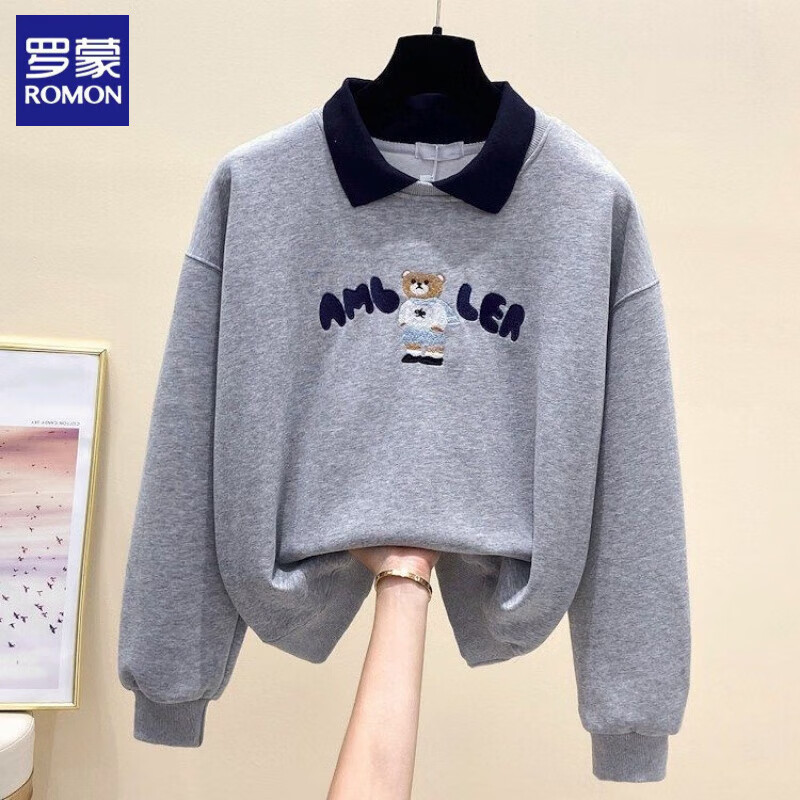 罗蒙（ROMON）polo领卫衣女2025秋季印花百搭新款宽松时尚百搭洋气假两件上衣 灰色-AM小熊 3XL  建议150-160斤以下