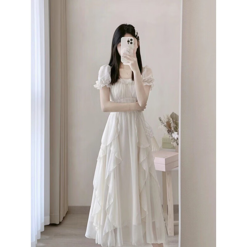 ABC法式白色感仙女连衣裙女夏季2024新款超仙公主裙温柔风长裙子女装 白色 M